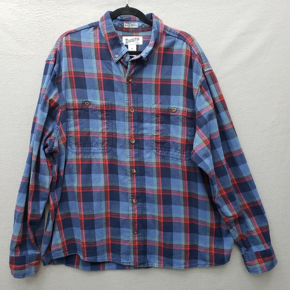 Duluth Trading Untucked Flannel Shirt Blue Red 100% Cotton Plaid Fall Relaxed XL
